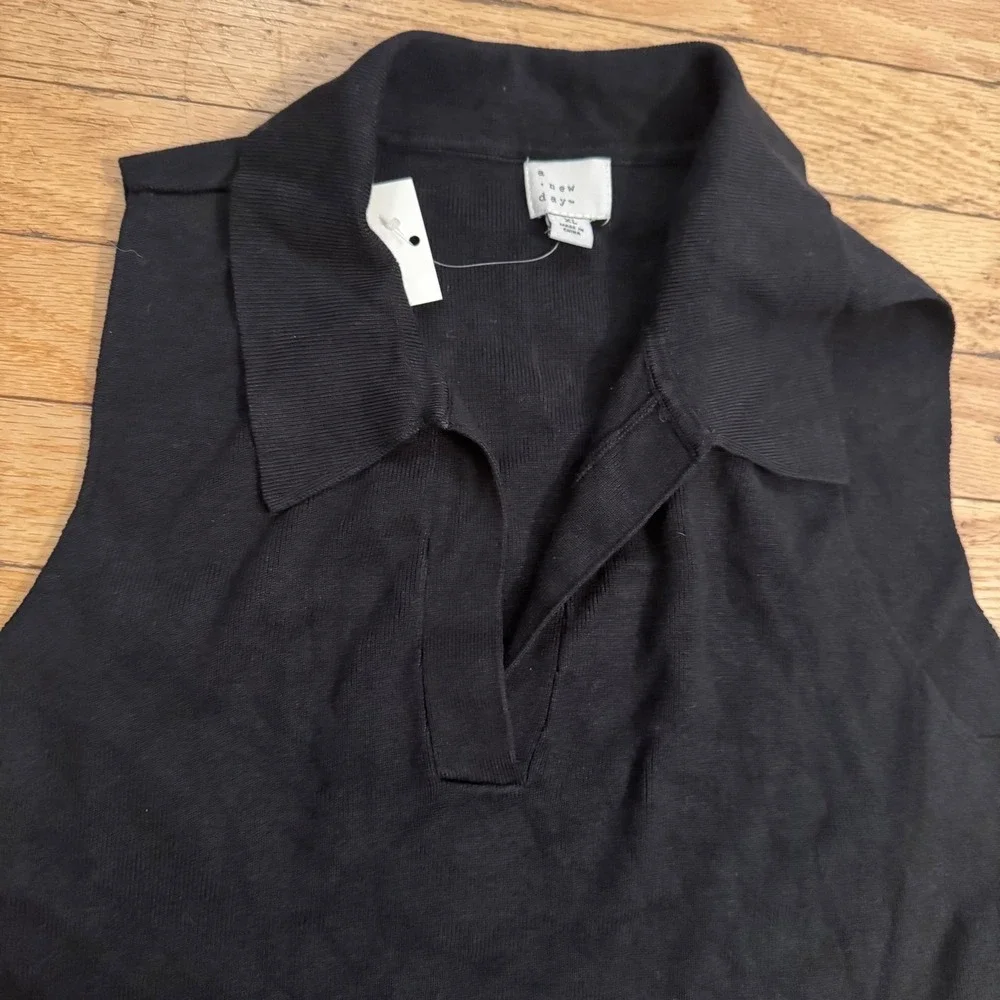 A New Day Womens Sleeveless Knit Polo Shirt Black Ribbed V-Neck XL NEW